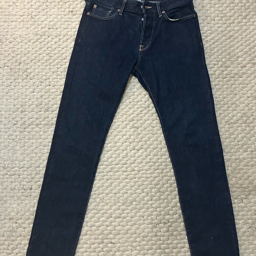 Buck Mason Japanese Denim Maverick Slim Jeans 33X34 Dark Wash Button Fly Stretch - Picture 3 of 6
